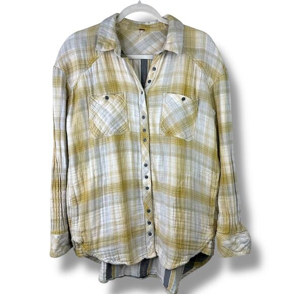 Free People Mustard Yellow Flannel Double Dip Button Down Oversized Shirt Medium - Picture 3 of 9
